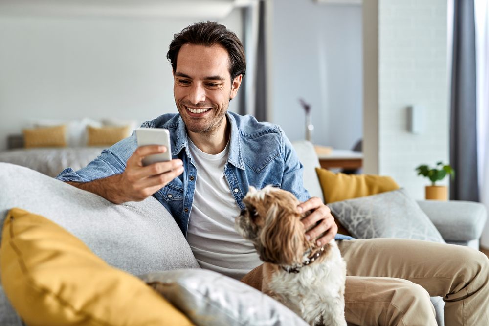 Dog and owner visiting vet remotely