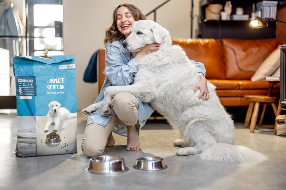 Woman feeding her white lab dog food stored in original packaging