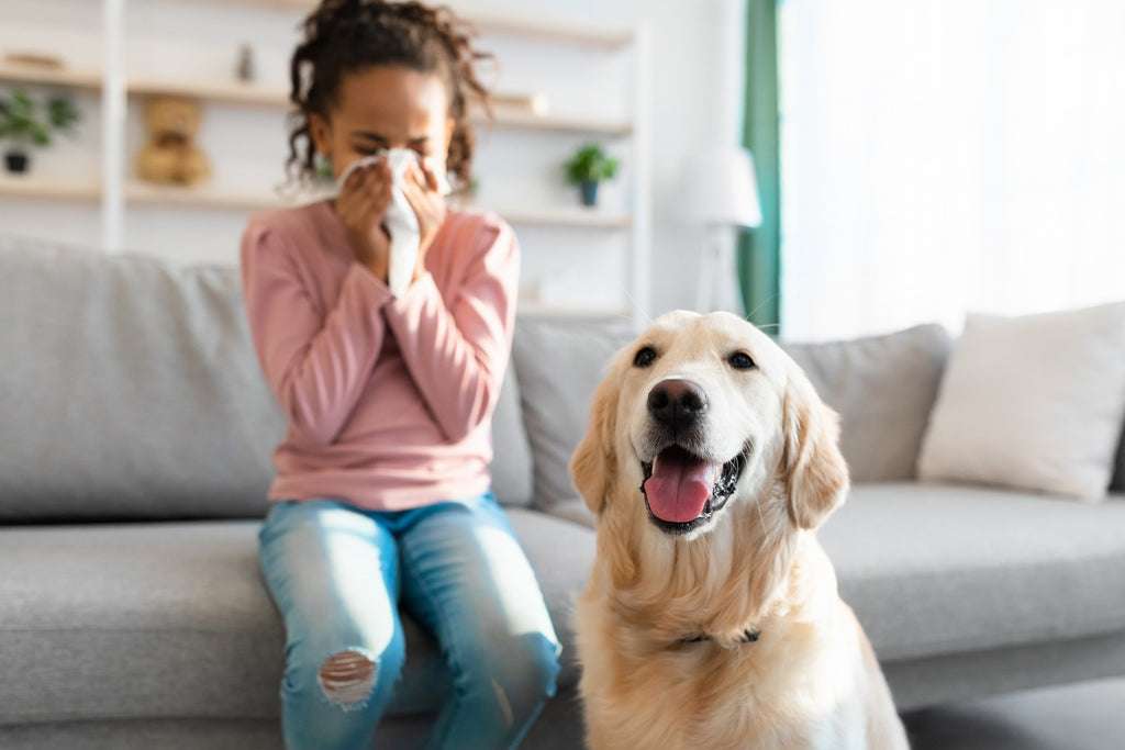 Someone blowing their nose next to their dog