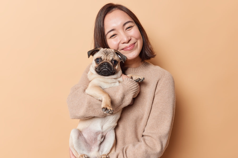 Young Asian woman holding her pug