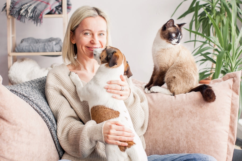 Pet parent sitting with her cat and dog on the couch