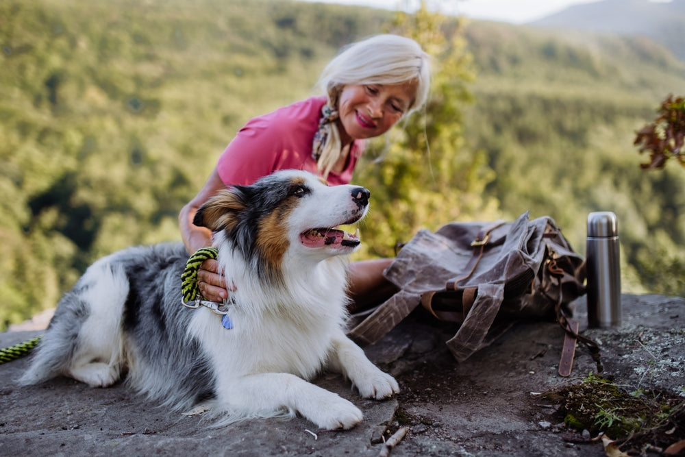 Senior woman on hike petting her Australian Shepherd