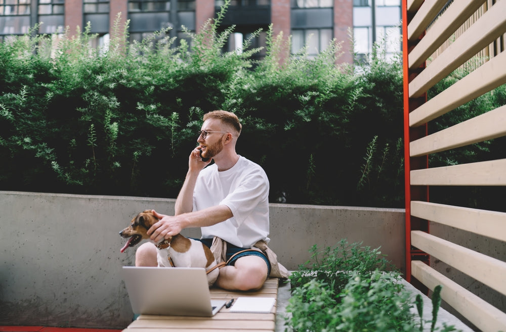 Young man on cell phone while sitting next to dog and in front of laptop, preparing for a veterinary telehealth appointment