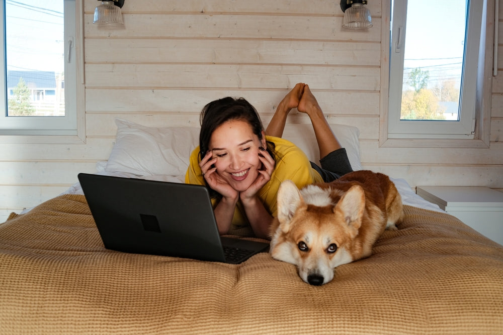 Young woman laying on bed next to her dog with her laptop open, preparing for a virtual vet appointment