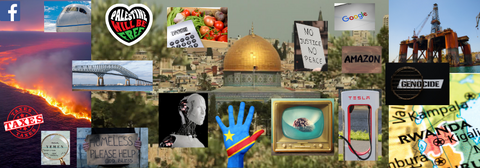 A collage featuring the Dome of the Rock, social media logos, an oil spill, a hand with the Congo flag, the Baltimore bridge, a TV with a brain being washed, a map of Rwanda, and an oil rig