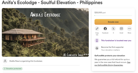 The GoFundMe page for Anifa's Ecolodge featuring a wooden ecolodge with a thatched roof built on stilts on a lush green mountainside with the text "Anifa's Ecolodge" above it