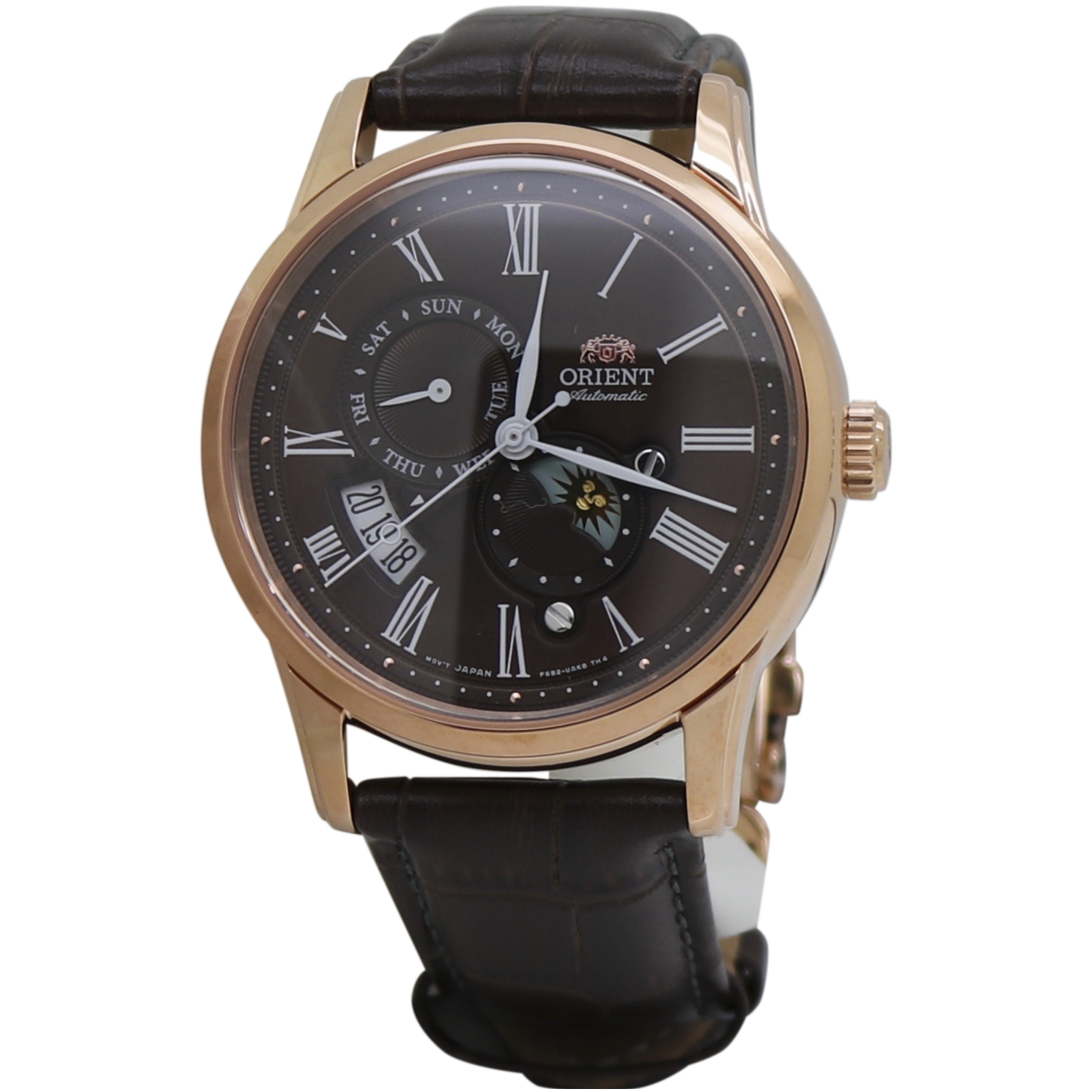  Orient Men's Watch Sun and Moon Brown Dial Brown Leather Strap RA-AK0009T10B 