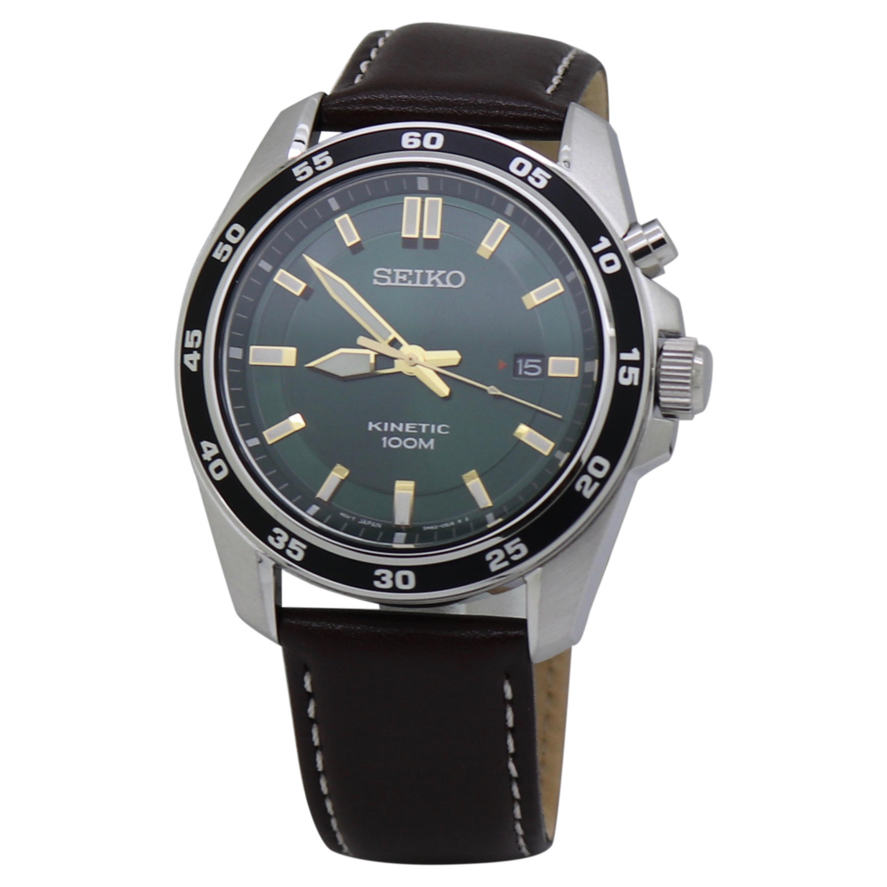  Seiko Kinetic Gents SKA791 Green Dial Brown Leather Strap Men's Watch 