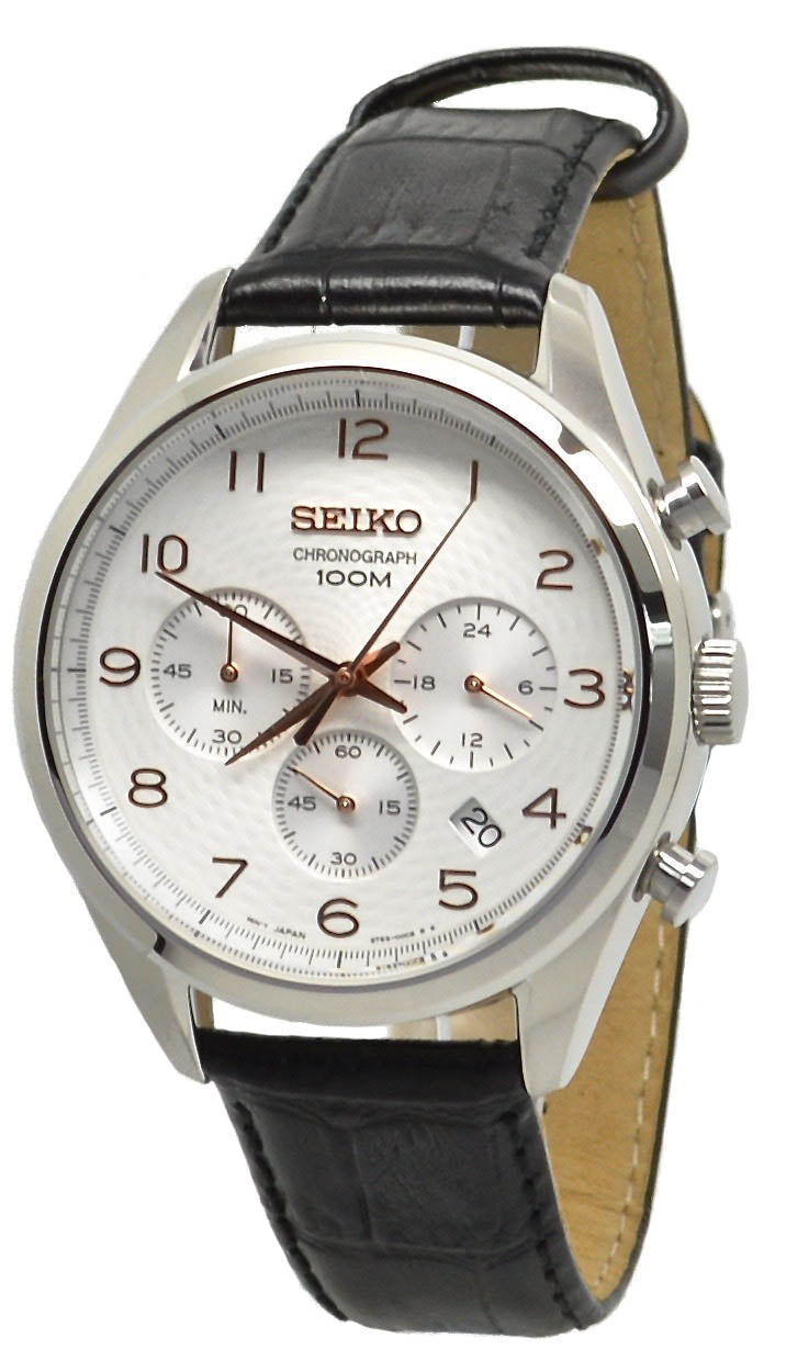  Seiko Quartz Chronograph SSB227 White Dial Black Leather Band Men's Watch 