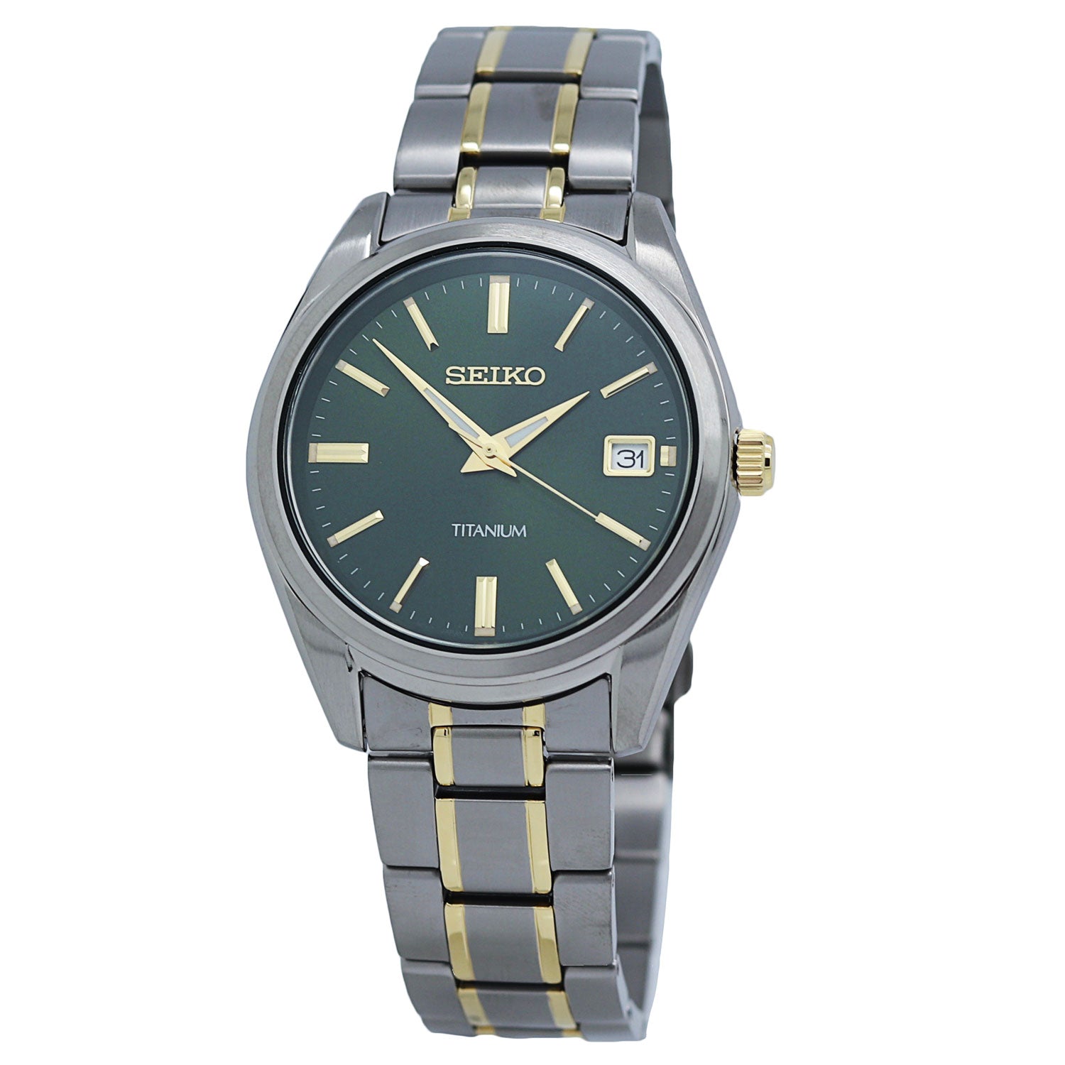  Seiko Quartz SUR377 Green Dial Two-Tone Titanium Bracelet Men's Watch 