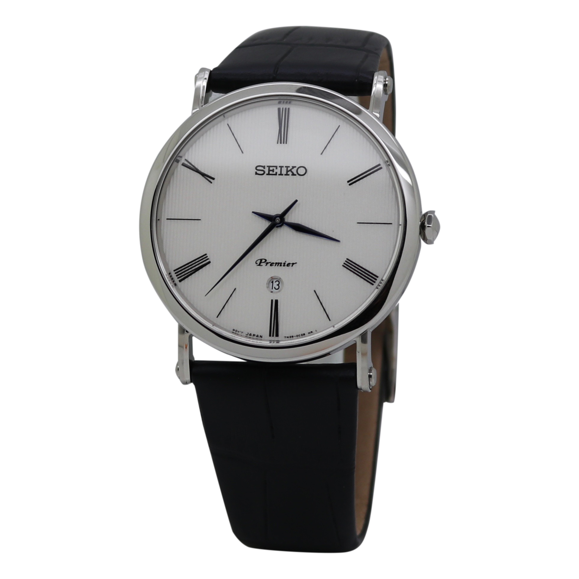  Seiko Premier Quartz Men's White Dial Black Leather Strap Dress Watch SKP395 