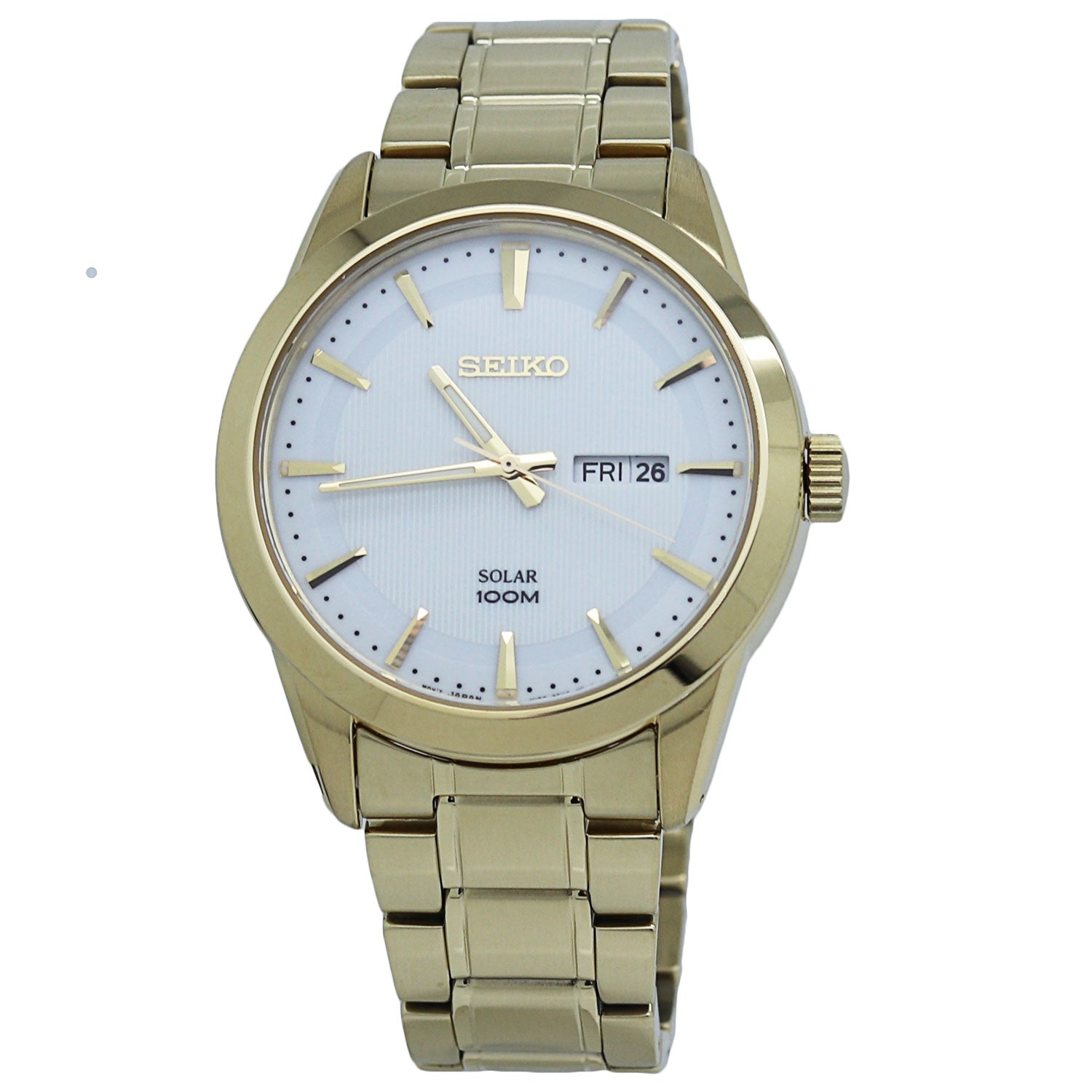  Seiko Solar SNE366 Mens White Dial Stainless Steel Gold Tone Watch 