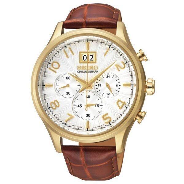  Seiko Chronograph Silver Dial Brown Leather Mens Watch SPC088 