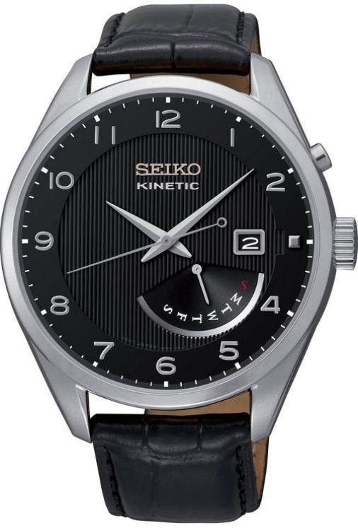  Seiko Kinetic SRN051 Black Leather Band Black Dial Men's Watch 