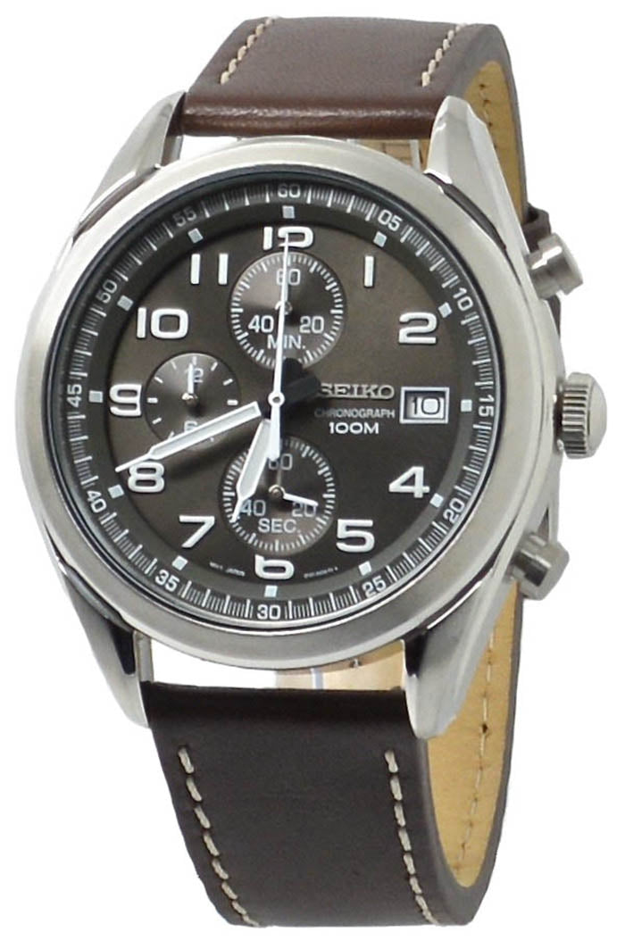  Seiko Quartz Chronograph SSB275 Dark Grey Dial Brown Leather Band Men's Watch 