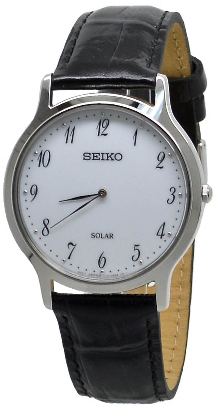  Seiko Solar SUP863 White Dial Black Leather Band Men's Watch 