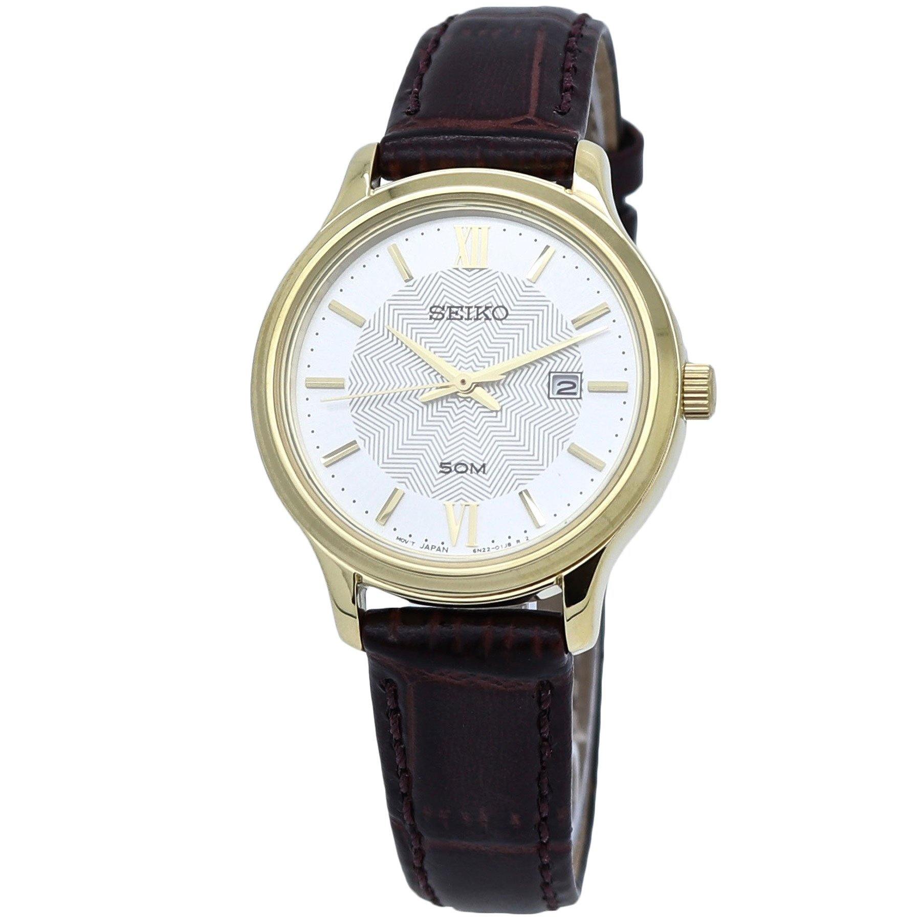  Seiko Quartz Silver Dial Leather Band Ladies Watch SUR644 