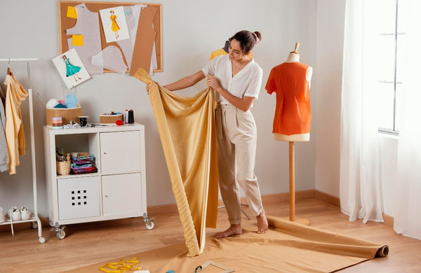 woman choose fabrics for clothes