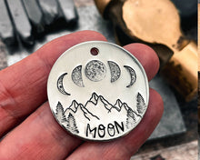 Load image into Gallery viewer, mountain dog tag with moon phase design

