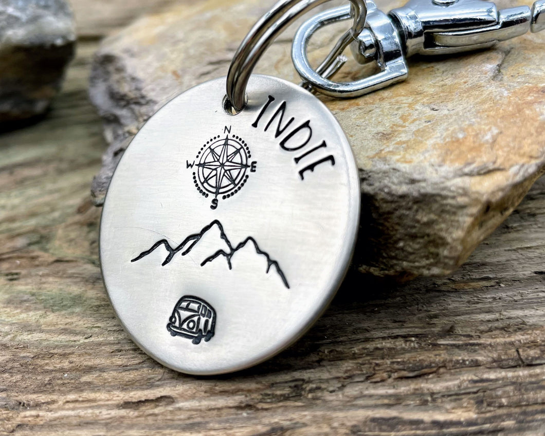 Large dog id tag, hand stamped with compass and mountains