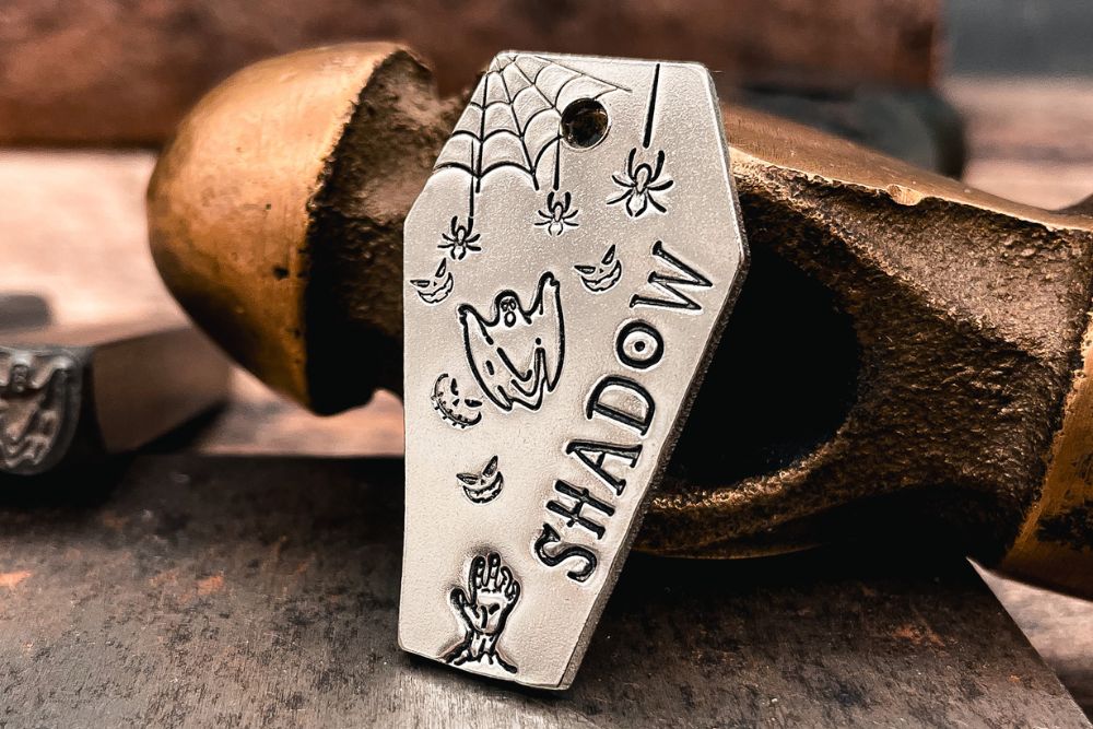 Spooky coffin dog tag with ghost and spiders