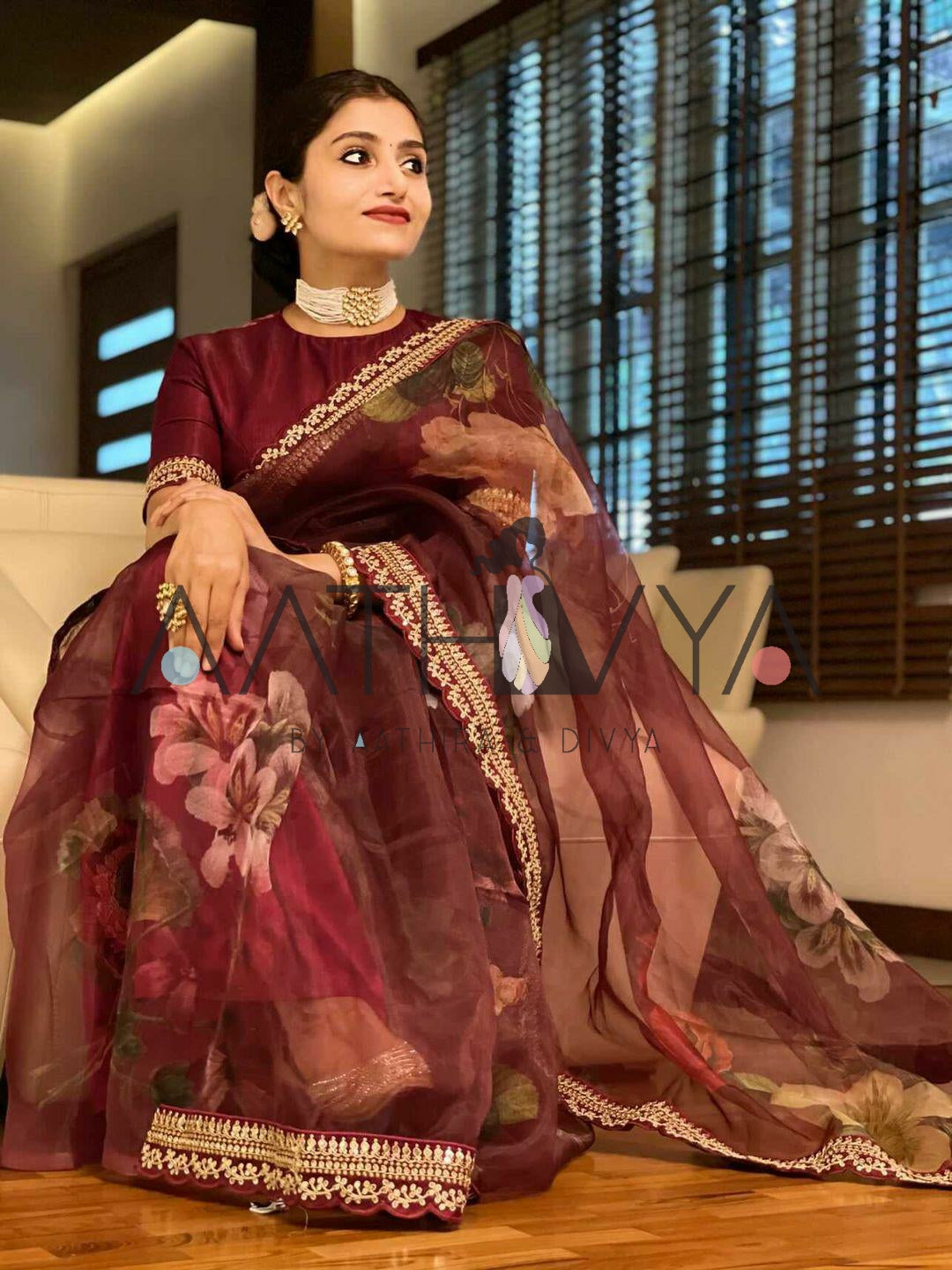 Maroon Organza Zari Saree in 2023 | Organza saree, Saree, Maroon saree