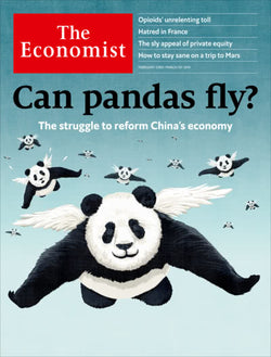 Cover of The Economist with headline "Can pandas fly?"; illustration of flying panda bears with white wings facing viewer.