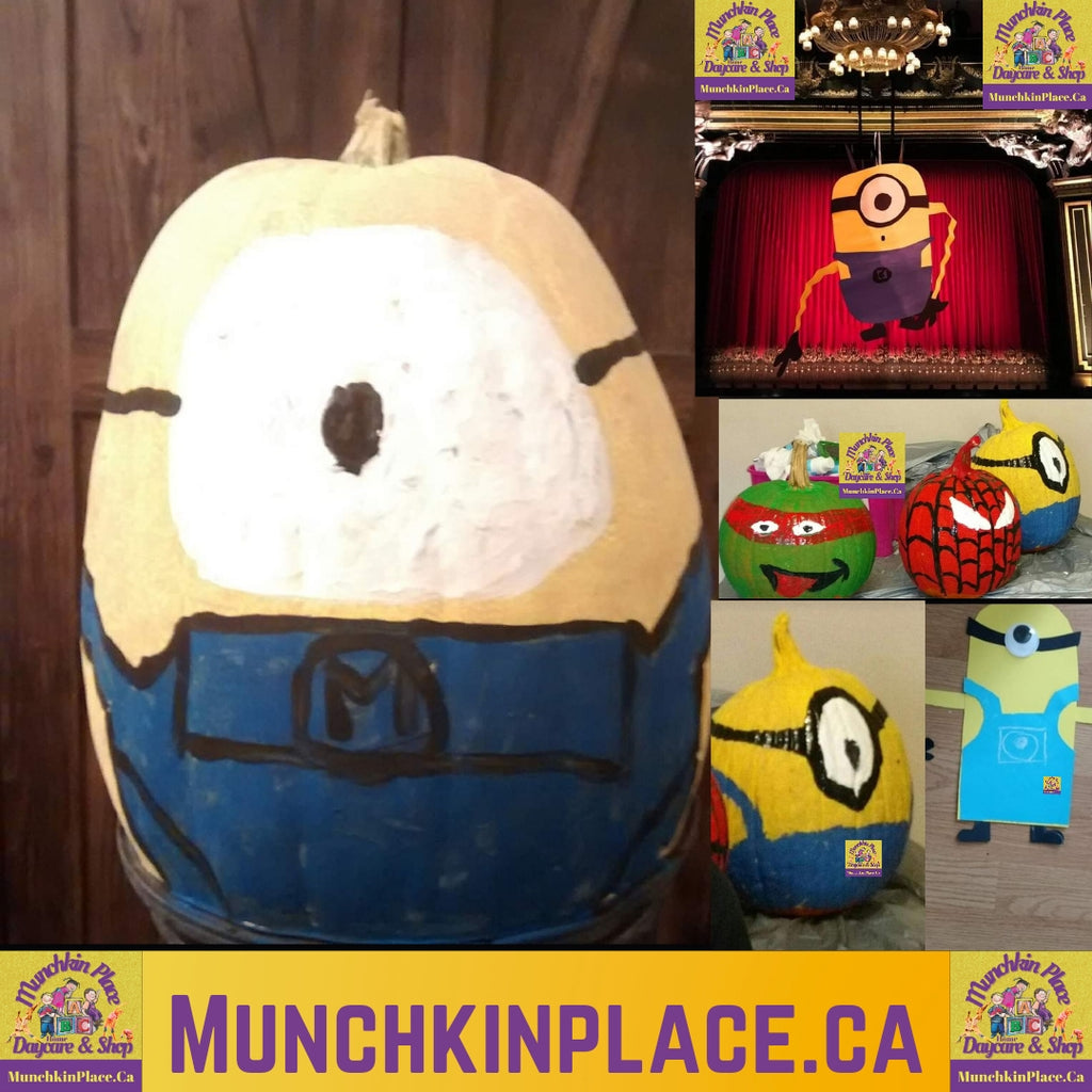 Minions, Halloween, pumpkin decorating, painted pumpkin, munchkin place home daycare, munchkin place shop, art classes