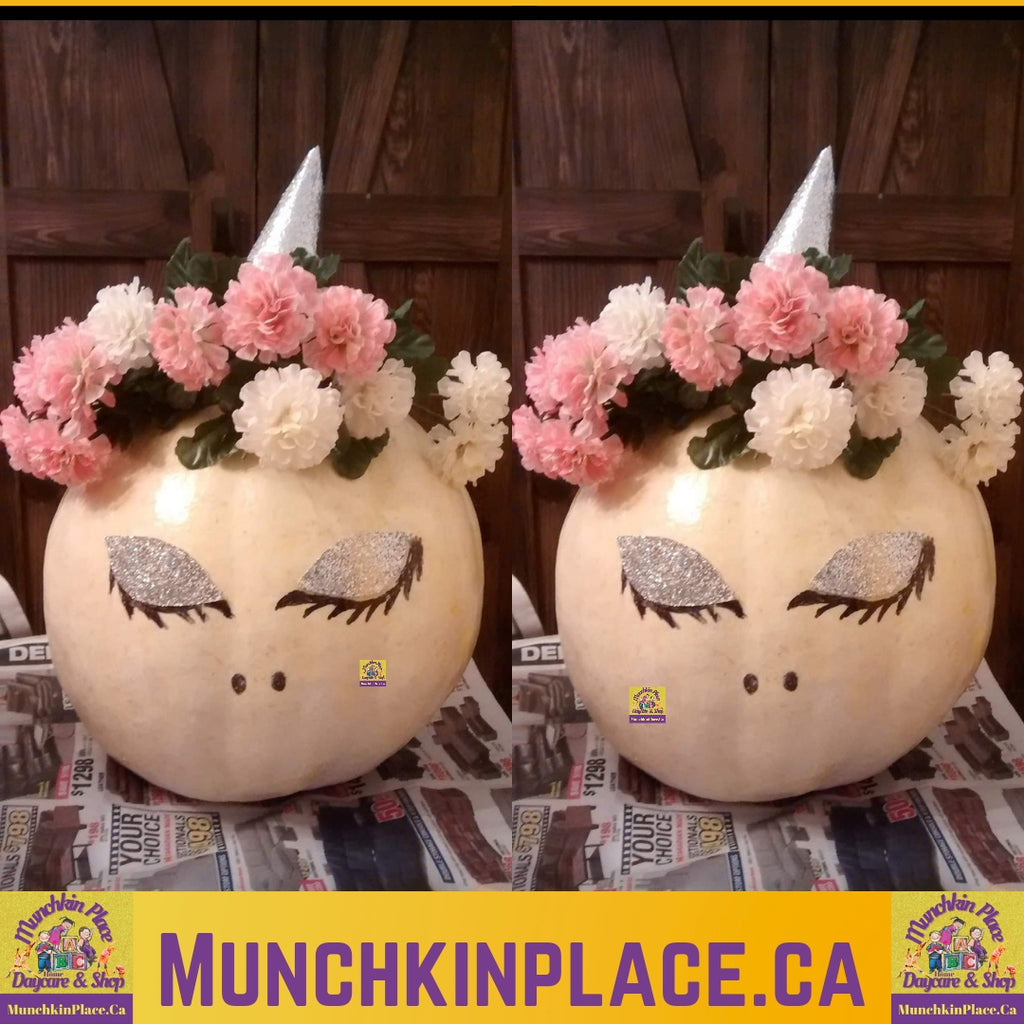 Unicorn Pumpkin, Halloween, pumpkin decorating, painted pumpkin, munchkin place home daycare, munchkin place shop, art classes