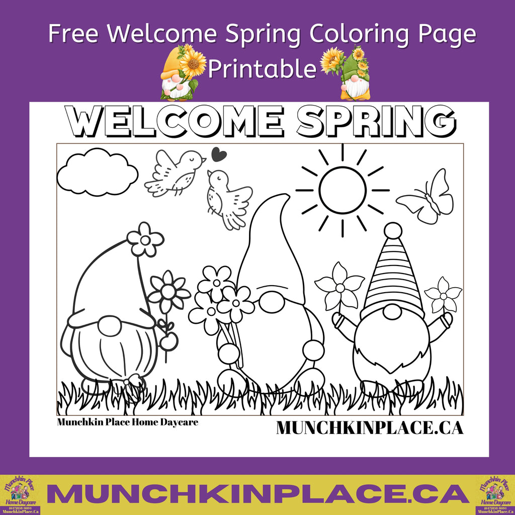 Free Spring Gnome Coloring page printable from Munchkin Place Home Daycare