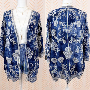 Blue Floral Short Wrap Kimono