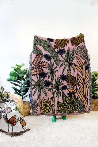 tropical pink palms tapestry throw