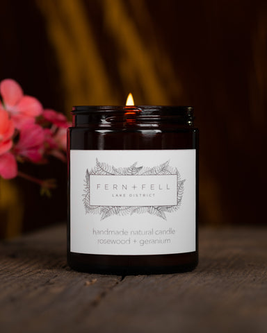 fern + fell rosewood + geranium candle natural made in cumbria lake district