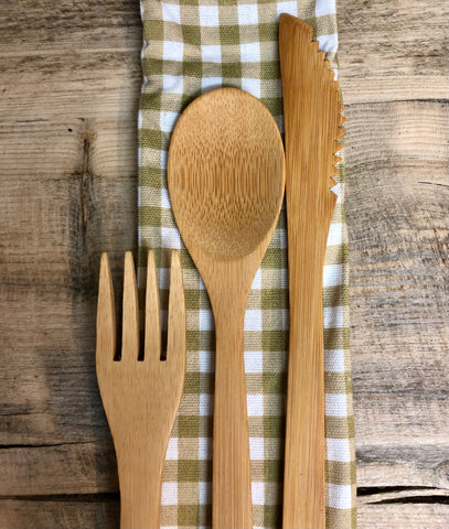 bamboo cutlery set with gingham carry pouch