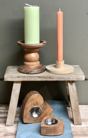 wooden candle holder and wooden heart tealights