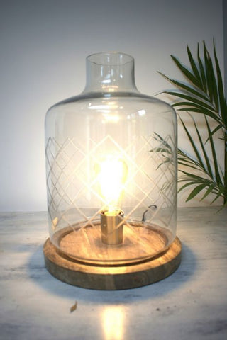 Etched Glass Hurricane Lamp lit
