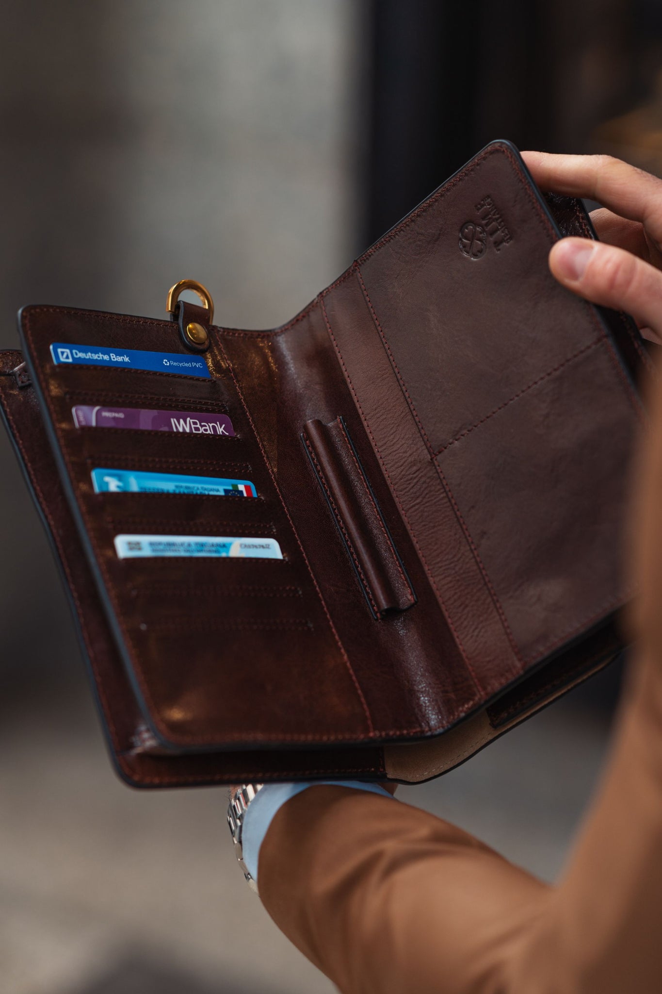 brown leather clutch