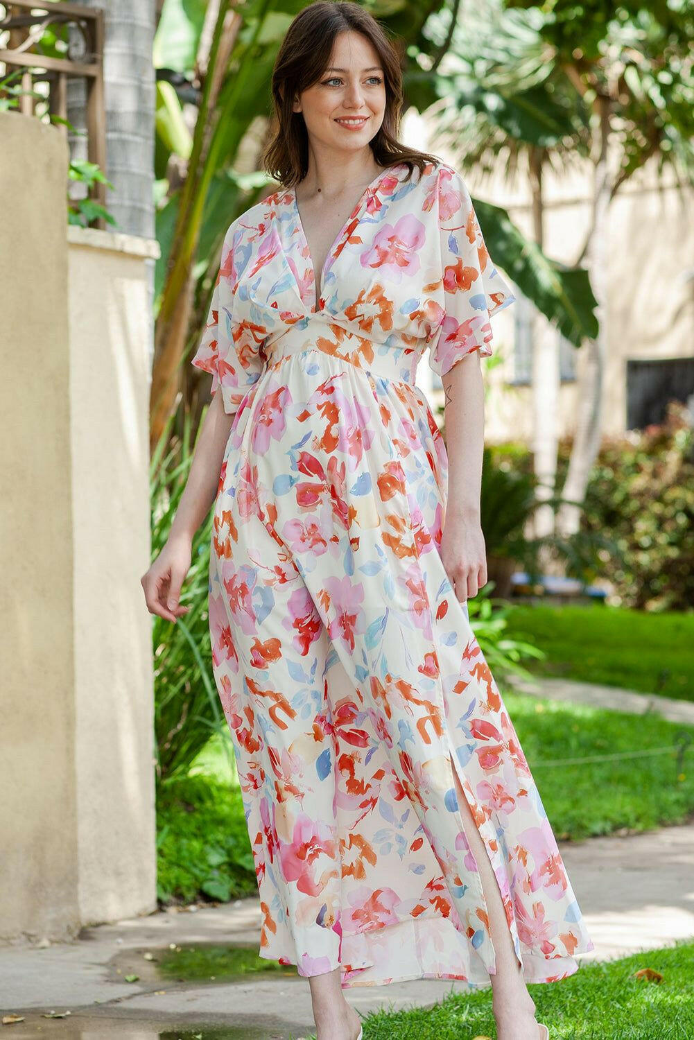 Floral Frill Trim Flounce Sleeves Plunge Maxi Dress