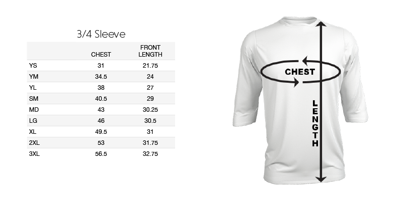 3/4 Sleeve Size Chart