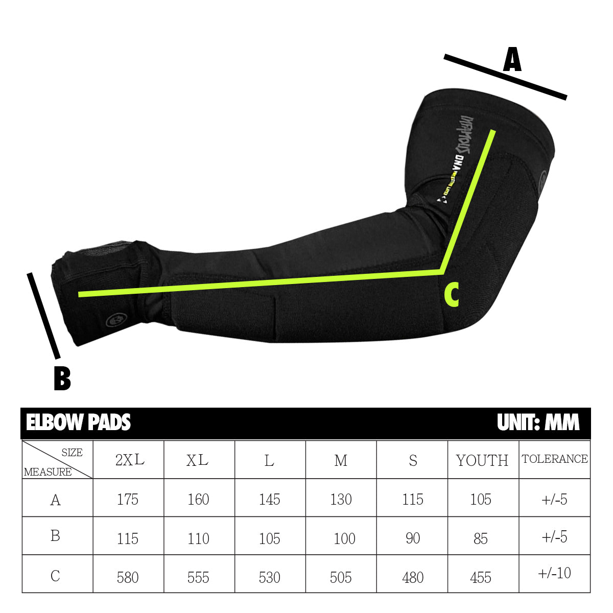 Infamous PRO DNA Elbow Pad Sizing Chart