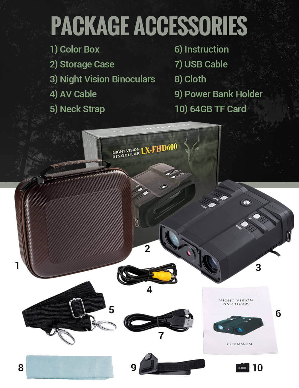 uscamel X73022 - package includes, storage case, night vision binoculars, av cable, nect strap, user manula, use cable, power bank holder, cloth, 64G TF memory card