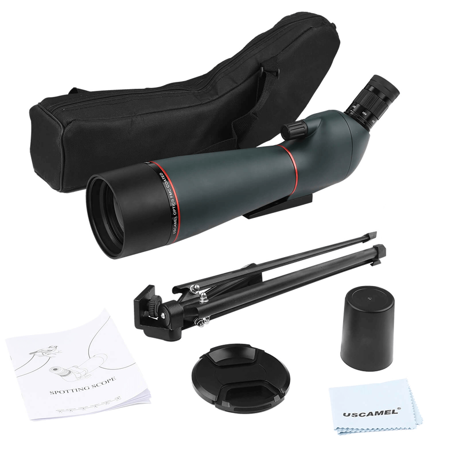 Y81826B-1, packages includes, uscamel Y81826B-1 spotting scope, internal Manual, objective lens cover, eyepiece cover, lens cloth, a tripod, a carrying bag