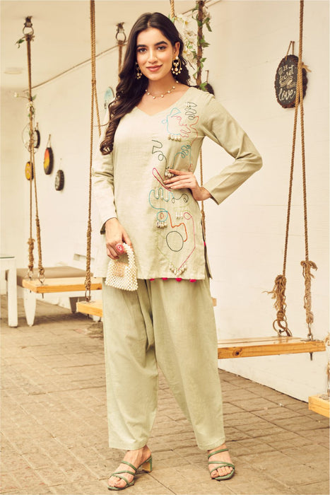 Boho White Printed Short Kurti And Pant Set