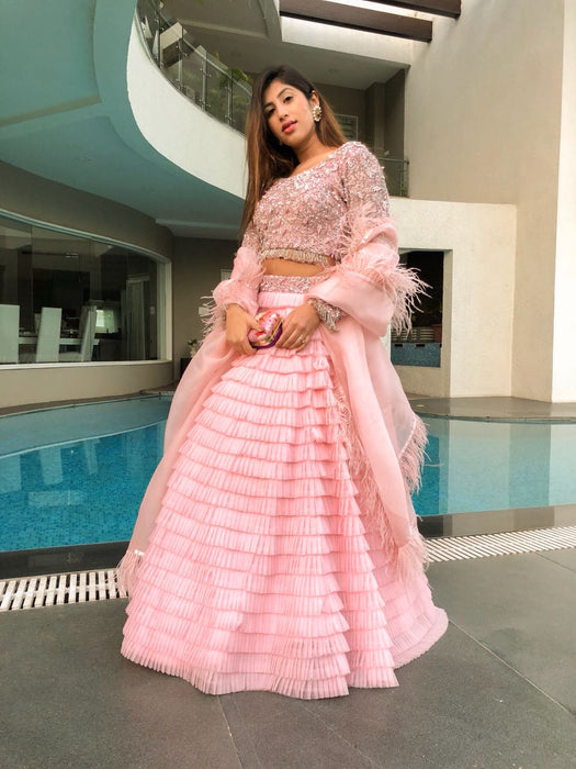 Bounty Pink Faux Feathers Cocktail Prom Lehenga SFINS1134 – ShreeFashionWear