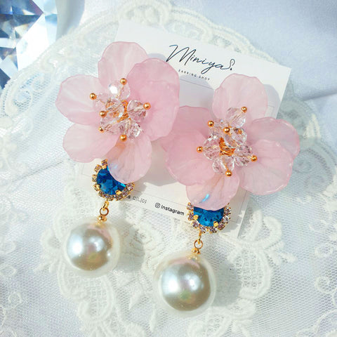 Lovely Pink Flower Drop Swallow Earring (DREAMCATCHER-Jiu, RocketPunch-Dahyun) - 925 Sterling Silver