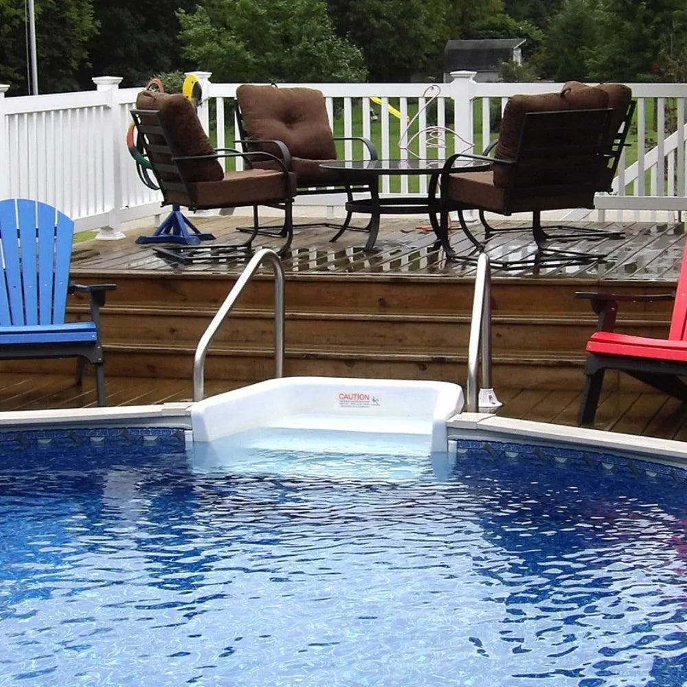 semi inground pool with decking surrounding the pool