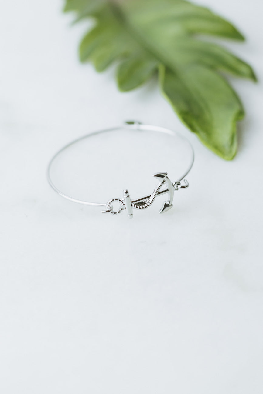 Anchor & Textured Rope Thin Metal Bracelet