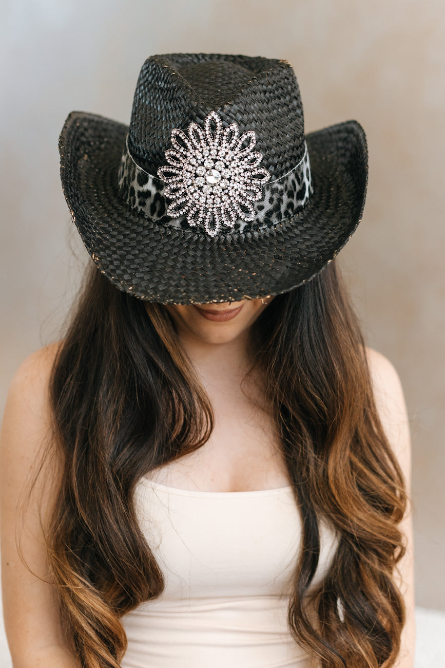 Rhinestone Flower Leopard Trim Cowboy Hat