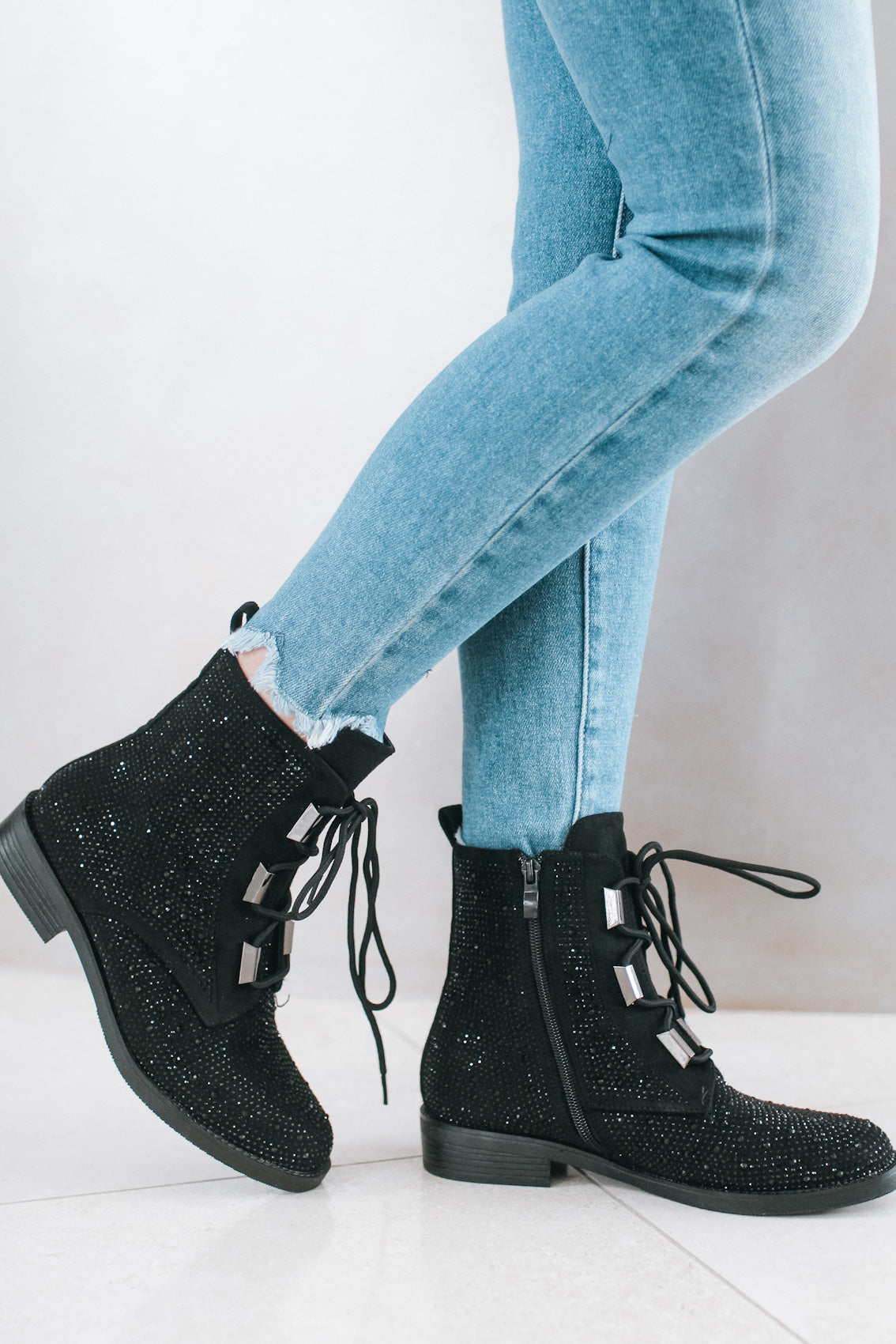 black rhinestone combat boots