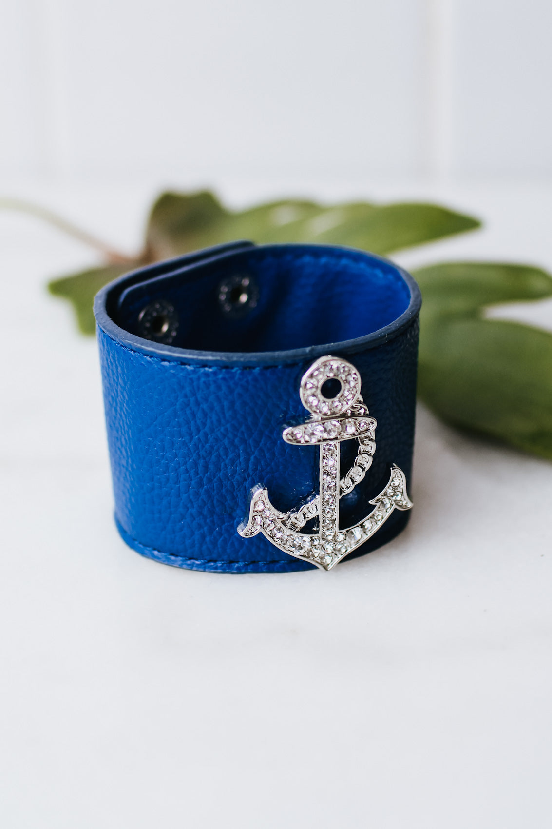 Rhinestone Anchor Thick Leather Snap Bracelet (SALE)